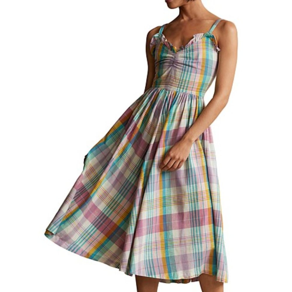 Polo Ralph Lauren Plaid Madras Ruffle Midi Cotton Dress